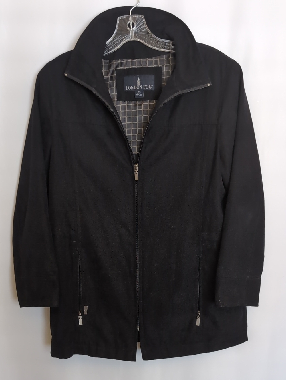 Women's Black London Fog Faux Suede Full Zip Mid Thigh Lined Jacket Small Petite